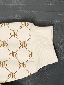 SHEIN 女式休闲全身印花宽松圆领运动衫，秋季 - 卡其色 - 查看 4