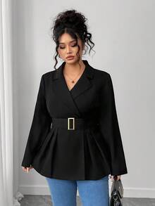 Elenzga Plus Size Women's Solid Color Lapel NeckLong Sleeve Pleated Design Elegant Blazer, Autumn Fall Cloth For Women Winter