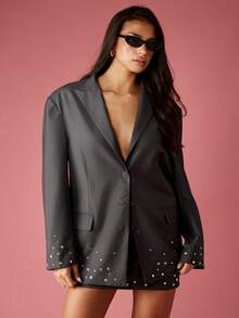 MISSGUIDED Boxy Fit Professional Women Blazer With Studded Hem Details Premium Tailored Jacket Formal Office Business Evening Party