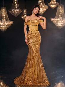 Glamrae Váy dạ hội sang trọng, đính ngọc trai và kim sa lấp lánh, trễ vai, tay loe, cổ xếp ly, viền đuôi cá, có thể điều chỉnh, phù hợp cho đám cưới, tiệc tùng, lễ tốt nghiệp và mọi dịp trang trọng - Rượu sâm banh - Xem 7