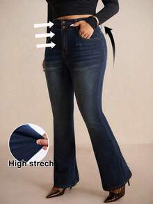 Elaquor Oversized Blue Jeans With A High Waist And Slim Fit. Comfortable And High-Stretch Denim. French And Elegant Flared Jeans Perfect For Autumn. - Dark Wash - View 2