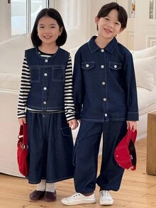 Genkimix Kids 2pcs/Set Toddler Boy Long Sleeve Denim Shirt +  Denim Flap Pocket Cargo Pants