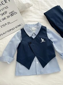 Genkimix Kids 3件套小男孩动物印花无袖背心+宽松条纹衬衫+裤子套装 - 藍色 - 查看 3