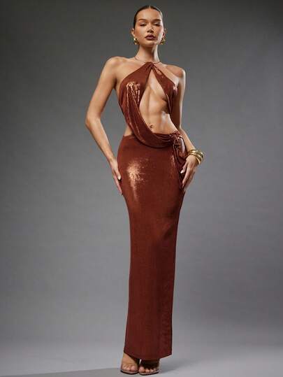 Hauture Vestido de punto metálico con escote pronunciado en el cuello halter y detalles de herrajes dorados