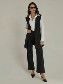 Modelyn 女士黑色无袖垫肩时尚西装外套和高腰阔腿裤套装 - 黑色 - 查看 6