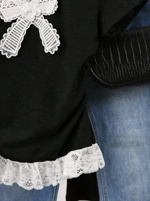 SHEIN 女士休闲百搭蝴蝶结图案圆领短袖 T 恤 - 黑色 - 查看 3