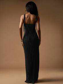 MISSGUIDED Váy Maxi dạ hội xếp ly thanh lịch với đường viền cổ hình trái tim, chi tiết khoét sâu, buộc dây vai, dài chấm đất, dự tiệc cho khách dự tiệc cưới trong những dịp đặc biệt - màu đen - Xem 2