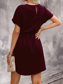 EMERY ROSE Women's Casual Solid Color Waist Belt Short Sleeve Dress - Burgundy - View 2