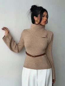 Selianne 卡其色优雅喇叭袖小众设计领口，搭配棕色金属时尚腰带，秋冬女式毛衣 - 卡其色 - 查看 4