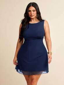 SHEIN BAE Plus Size Women Sleeveless Mesh Dress, Spring/Summer - Navy Blue - View 1