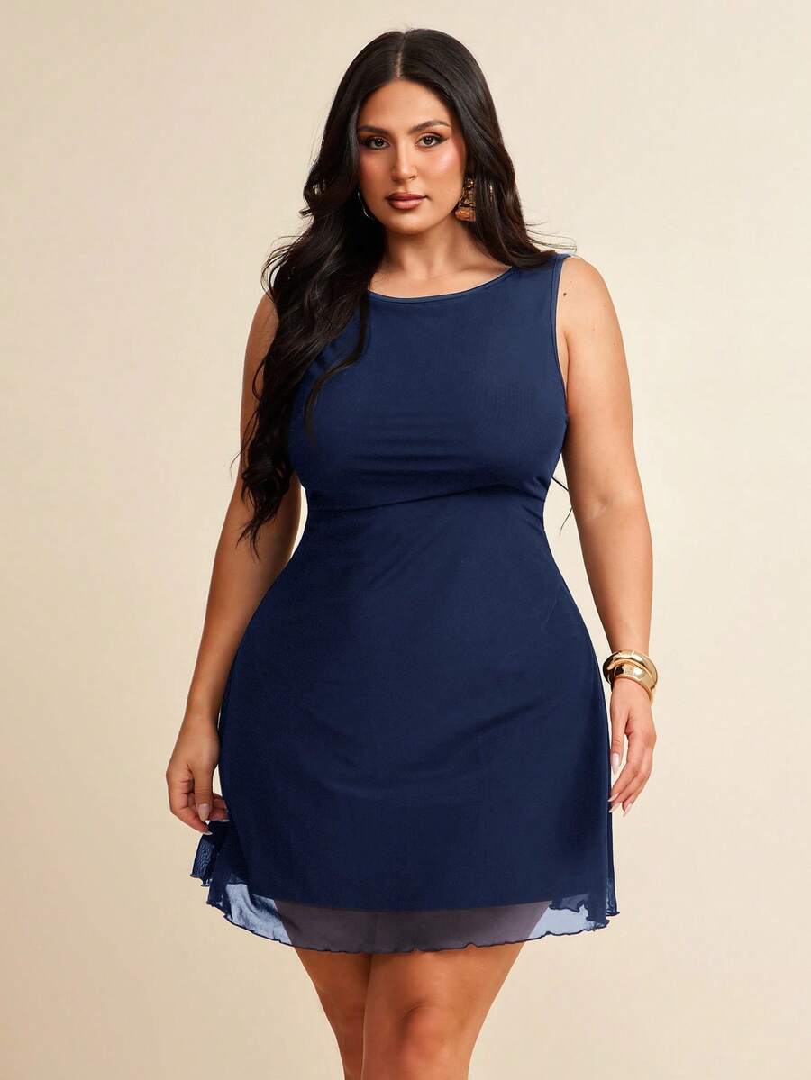 SHEIN BAE Plus Size Women Sleeveless Mesh Dress, Spring/Summer - Navy Blue - View 1