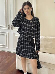 2 件套青少年女孩优雅甜美黑色长袖上衣夹克和连衣裙套装格子连衣裙格纹连衣裙学院风连衣裙粗花呢连衣裙女士休闲连衣裙 - 黑色 - 查看 3