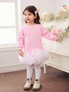 Babyflicka Söt Avslappnad Stickad Patchwork Organza Långärmad Klänning - Rosa - Visa 3