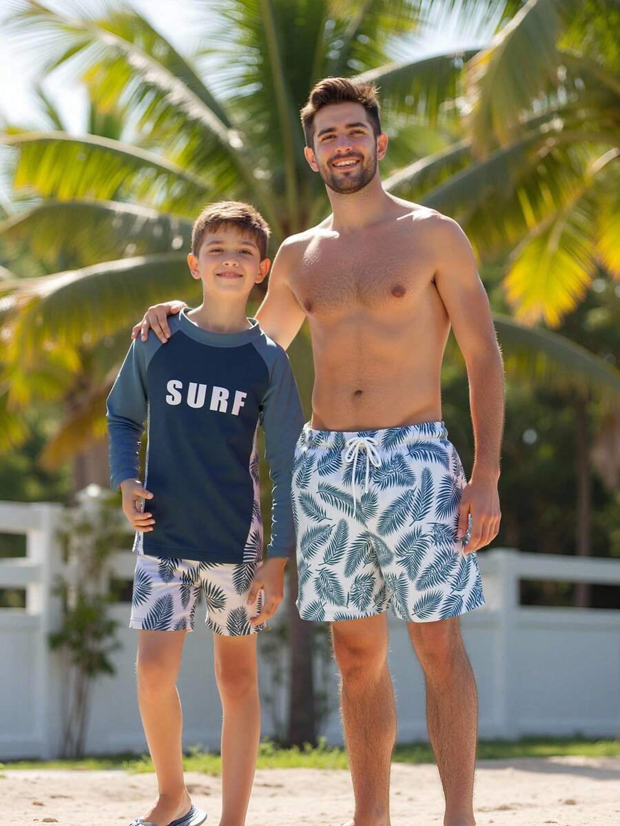 SHEIN Young Boy Haze Blue Top With Front Printed Tropical Plant Pattern & Random Printed Shorts Swimsuit Set - Dusty Blue - View 1