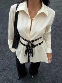 Siren Gaze 女士黑色铆钉腰衬衫，秋冬新品 - 黑色 - 查看 1