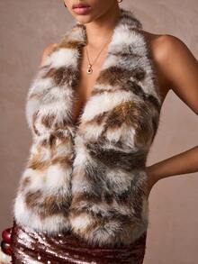 Lumalex Fall Winter Gathering Party Banquet Modest Old Money Coquette Glitter Holiday Party Rave Festival Outing Vacation Hot Outdoor Richly Layered Wedding Season Banquet Coming Of Age Ceremony Faux Fur Turtleneck Backless Bodycon Top For Women Fur Top Fur Vest Women Fur Vest Animal Print Top Luxury Fur Top Luxury Prom ID Al-Adha Al-Adha Party New Year