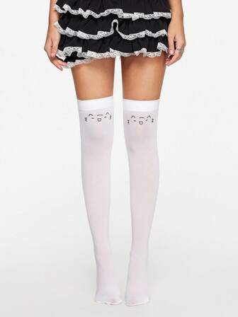 Kawaii 1 Pair White Cute Kawaii Cat Face Solid Color Simple Fashion Personalized Women's Thigh High Socks, Suitable For Anime JK Skirt Matching, Daily Outfit, Shopping, School
