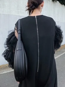 FRIFUL 女士宽松圆领网纱拼接阔腿连体裤，休闲纯色连体裤家居套装 - 黑色 - 查看 5