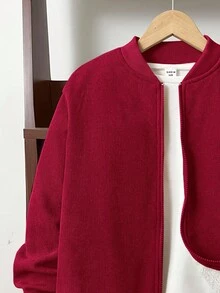 SHEIN 男童灯芯绒保暖内衬拉链棒球夹克，可搭配万圣节连帽衫，适合秋季穿着，长袖，适合通勤、上学、休闲、运动、秋冬季节穿着，也可作为圣诞红色冬季外套或圣诞红色夹克。 - 酒紅色 - 查看 5