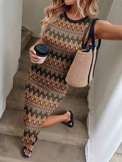 Easowa Casual Minimalist Brown Geometric Retro Pattern Midi Dress For Women, Suitable For Vacation, Early Autumn, Party Chic Dress