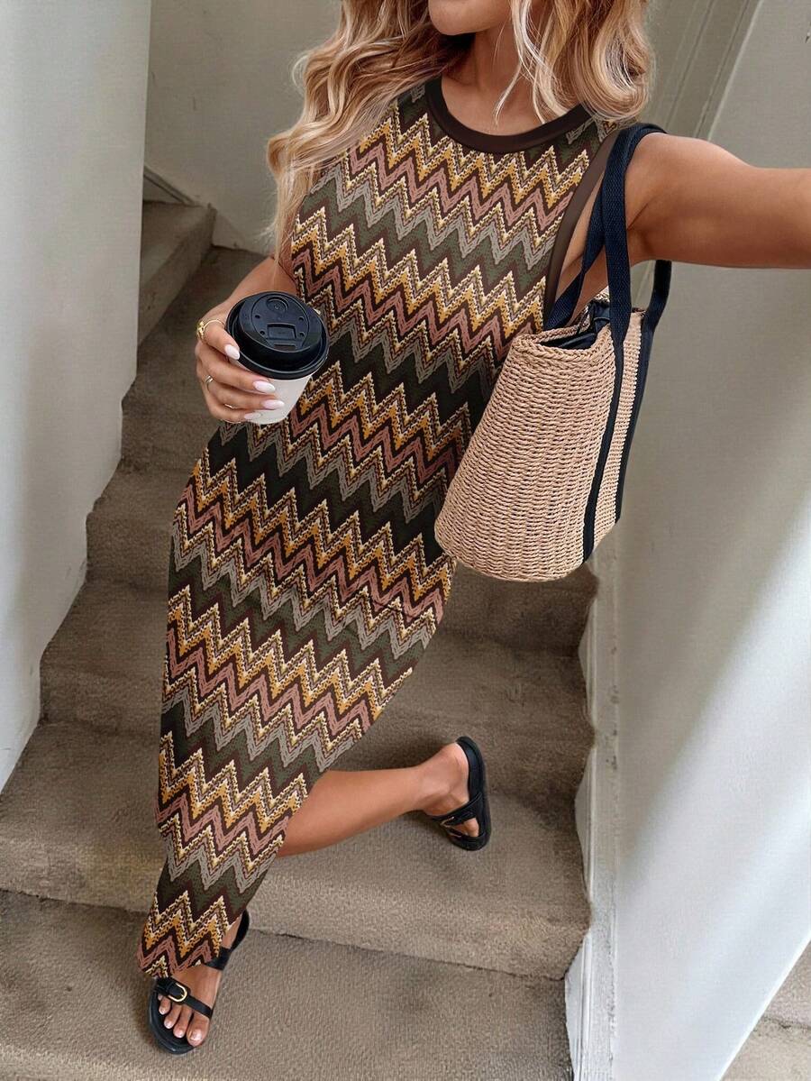 Easowa Váy midi họa tiết hình học màu nâu tối giản giản dị dành cho nữ, thích hợp cho kỳ nghỉ, đầu thu, tiệc tùng - Nhiều màu - Xem 1