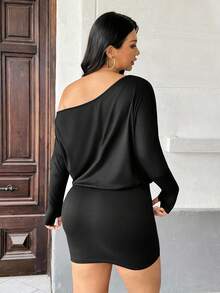 Auralis 大码女装黑色连衣裙，露肩连衣裙，休闲女装，不对称女装，斜肩连衣裙，秋季可爱连衣裙，长袖连衣裙