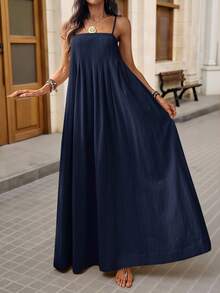 Brillora Women's Loose Solid Color Woven Dress, Suitable For Spring/Summer Vacation - Blue - View 3