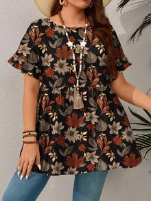 EMERY ROSE Estilo de vacaciones campestres, blusa de manga corta con cuello redondo y volantes en el bajo, talla grande, con estampado de hojas de arce, otoño - Blanco - Ver 3