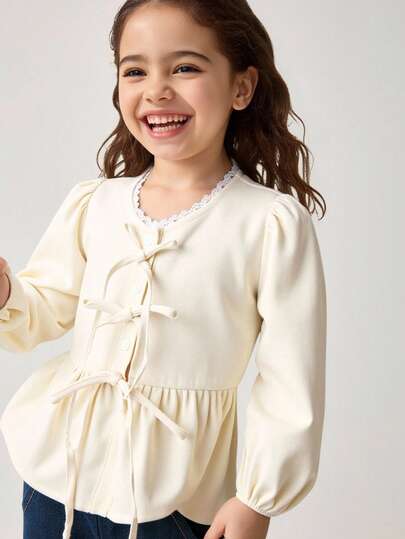 Maija Kids Maija Kids Chemise à manches longues col rond avec décoration de nœud pour jeune fille