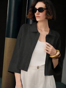 Uhlyne Women's Elegant Minimalist Solid Color Front Button Shirt, Suitable For Daily Commute - Black - View 6