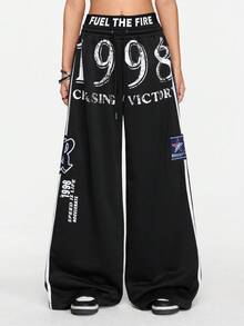 ROMWE Street Life Casual Street Style Double Waistband Low Waist Loose Hiphop Wide Leg Women Pants - Black - View 1