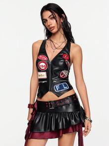 ROMWE Street Life 赛车季街头徽章刺绣 PU 修身挂脖背心（女款）