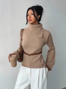 Selianne 卡其色优雅喇叭袖小众设计领口，搭配棕色金属时尚腰带，秋冬女式毛衣 - 卡其色 - 查看 3