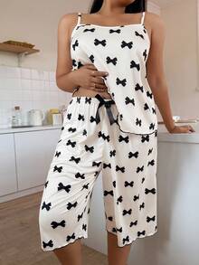 Napfluff CURVE Napfluff CURVE Plus Size Women Bow Print Camisole & 3/4 Pants Pajama Set Bow Pjs Two Piece Pajama Set - Apricot - View 2