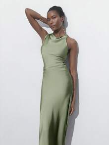 Maija Robe midi en satin vert sauge élégante pour femme, robe de mariée d'été, sans manches, col drapé, volants, en soie, robe de soirée formelle pour brunch, tenues de Noël - Vert - Voir 4