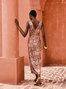 Maija Váy không tay xếp ly cổ lệch họa tiết da báo cho nữ - màu đen - Xem 5