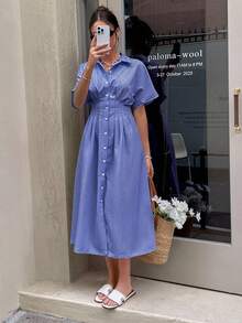 Serisse Women's Vertical Striped Collared Short Sleeve Dress Summer Casual - Blue and White - View 4