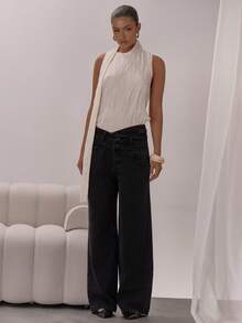 MUSERA Celana Jeans Denim Lebar Model Washed dengan Detail Kancing dan Model Pinggang Silang, Elegan dan Seksi untuk Acara Malam Hari, Liburan, Musim Gugur, Padu Padan Berlapis, Chic untuk Musim Semi dan Musim Panas. - Hitam - View 2