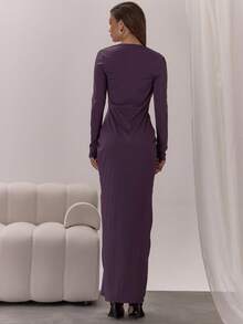 MUSERA 极致深V领长袖连衣裙，优雅性感，适合夜晚外出、度假、秋季派对等场合。 - 紫色 - 查看 2