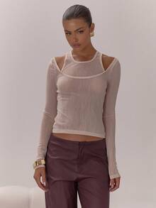 MUSERA 双层网纱透视长袖上衣，优雅性感，适合夜晚外出、度假、工作、办公室、秋季、假日、派对、春夏等各种场合。 - 淺灰色 - 查看 5