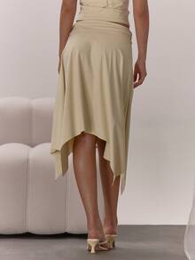 MUSERA 低腰不对称下摆翻边中长裙，优雅性感，适合夜晚外出、度假、秋季叠穿、派对、夏季等场合。 - 杏色 - 查看 4