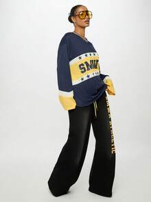 SUMWON WOMEN 宽腿学院风慢跑裤抽绳腰宽松街头风格嘻哈休闲运动裤秋冬家居服 - 黑色 - 查看 6