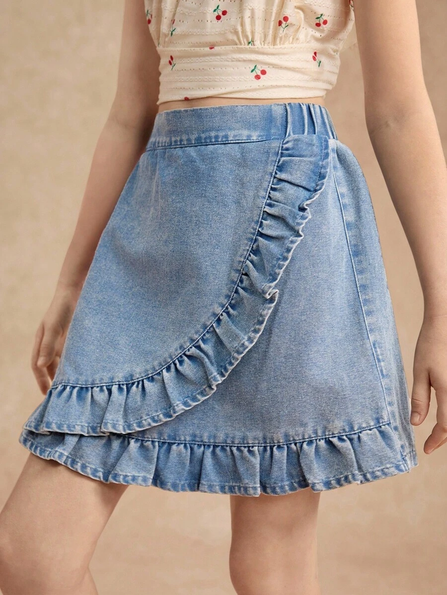 Nuevas llegadas de primavera/verano 2025, diseño único de cruce con falda de volantes elegantes para niñas preadolescentes, de moda, versátil y dulce, adecuado para actividades diarias, salidas y reuniones sociales - Azul - Ver 1