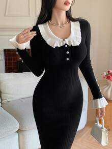 DAZY 女士优雅撞色领针织毛衣裙，秋季 - 黑色 - 查看 4