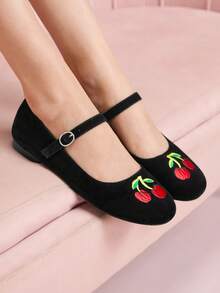 CUCCOO DOLLMOD 女式黑色绒面樱桃刺绣时尚平底鞋 - 黑色 - 查看 1