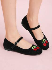 CUCCOO DOLLMOD 女式黑色绒面樱桃刺绣时尚平底鞋 - 黑色 - 查看 5