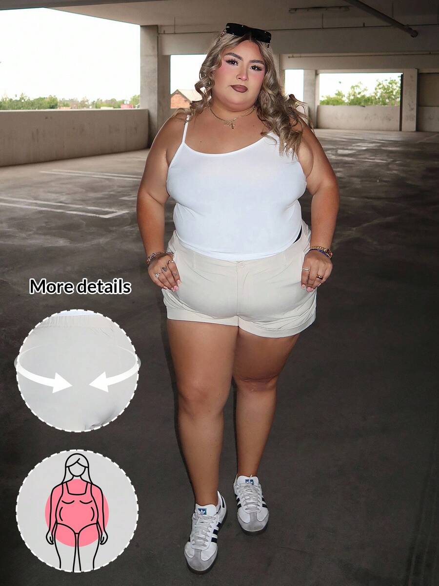 Enliva Melanieangelese Plus Size Solid Color Shorts With Slanted Pockets, For Apple Rounded Body Shape, For Body Shape, For Summer - Beige - View 1