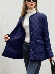 Aveloria Modichic 通勤休闲菱形图案缝合金属扣腰带，修身女士加厚棉服外套冬季 - 藍色 - 查看 7