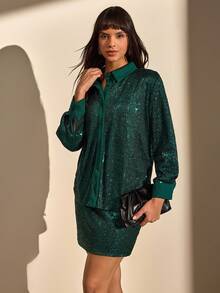 CLARA VERO Ensembles de deux pièces pour femmes avec détails pailletés, chemise et jupe - Vert - Voir 1