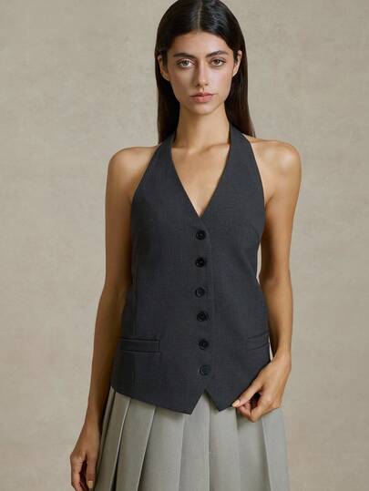 Briarwyn 女士纯色V领露背无袖前扣时尚吊带背心，秋季女装，复古女装，女士上衣，女士露背吊带背心